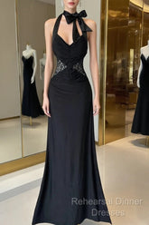 Vintage Fashion Mermaid Halter Black Floor Length Evening Dress Semi Formal Prom Dresses